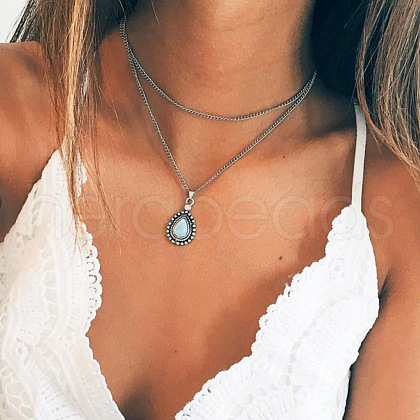 Teardrop Alloy Pave White Resin Pendant Double Layer Necklaces for Women FS-WG4C5DE-01-1