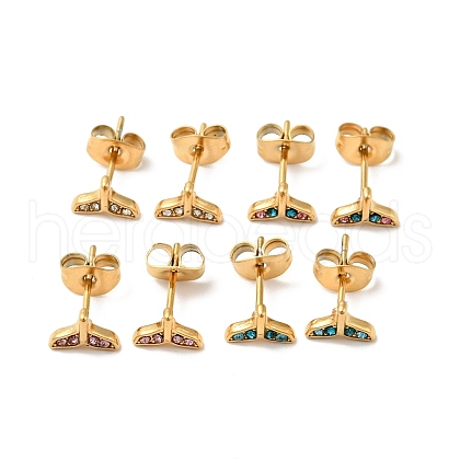 Ion Plating(IP) Rhinestone Whale Tail Shape Stud Earrings with 316 Surgical Stainless Steel Pins EJEW-A081-07G-1