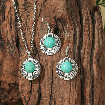 Bohemian Ethnic Style Zinc Alloy & Synthetic Turquoise Pendant Necklaces & Dangle Earrings Sets WG7E01E-11-1