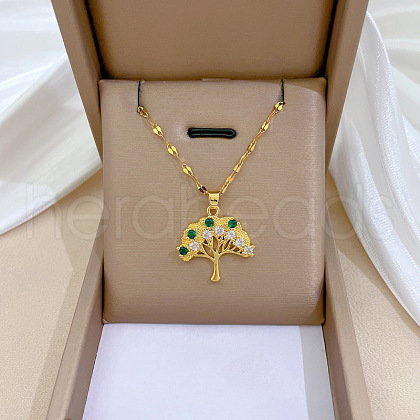Brass Pave Full Cubic Zirconia Tree Of Life Pendant Necklaces NJEW-D309-01G-A-1