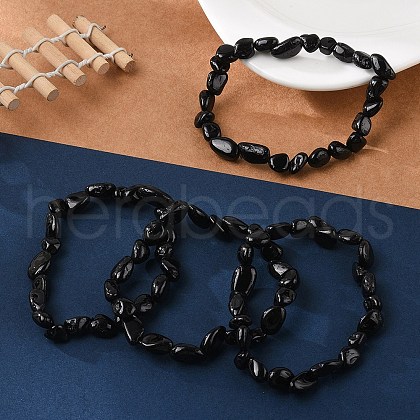 Natural Black Tourmaline Bead Stretch Bracelets BJEW-K213-36-1