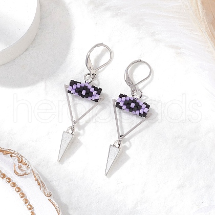 Triangle with Eye Brass Glass Seed Beaded Leverback Earrings EJEW-MZ00452-03-1