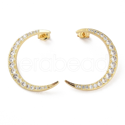 Moon Rack Plating Brass Micro Pave Clear Cubic Zirconia Stud Earrings for Women EJEW-A045-05G-1