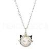 Natural Rose Quartz with Brass Cat Head Pendant Necklaces NJEW-JN04995-1