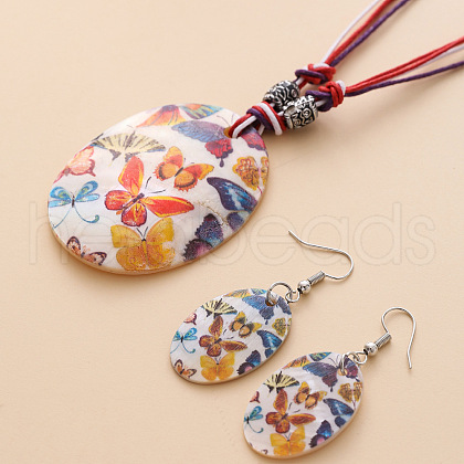 Boho Printed Natural Shell Graffiti Oval Pendant Earrings & Necklaces Set FS-WG2A623-04-1