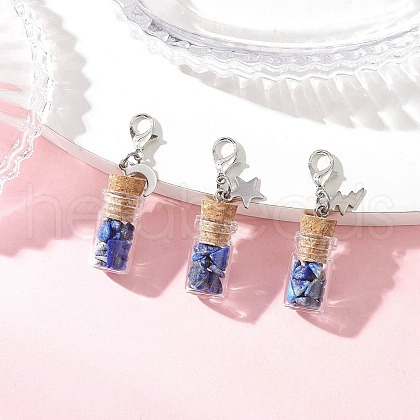 Natural Lapis Lazuli Chips inside Glass Wishing Bottle Pendant Decoration HJEW-JM03306-03-1