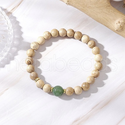 Natural Wood & Green Aventurine Round Beaded Stretch Bracelets for Women BJEW-JB11929-01-1