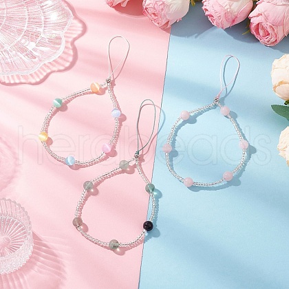 3Pcs 3 Colors Dyed Natural Selenite & Rainbow Fluorite & Rose Quartz & Glass Seed Round Beaded Phone Hand Strap Chains HJEW-JM03363-1