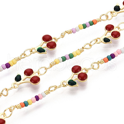 Brass Enamel Cherry Link Chains KK-T074-77G-1