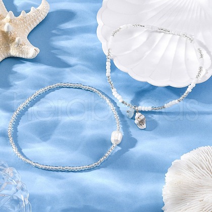 2 Styles Summer Natural Pearl & Round Glass Seed Beaded Stretch Anklets AJEW-AN00670-01-1