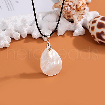 Alloy & Natural Shell Teardrop Pendant Waxed Cord Necklaces for Women FS-WG4C67D-03-1