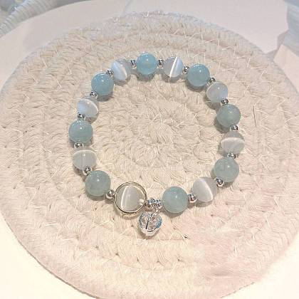 Round Alloy & Cat Eye & Natural Aquamarine Round Beaded Charm Bracelets for Women WG9D4EC-10-1