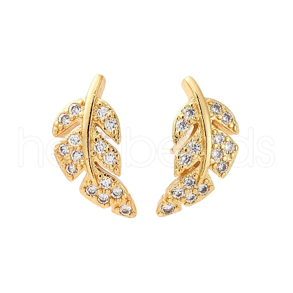Clear Cubic Zirconia Feather Stud Earrings EJEW-P196-15G-1-1