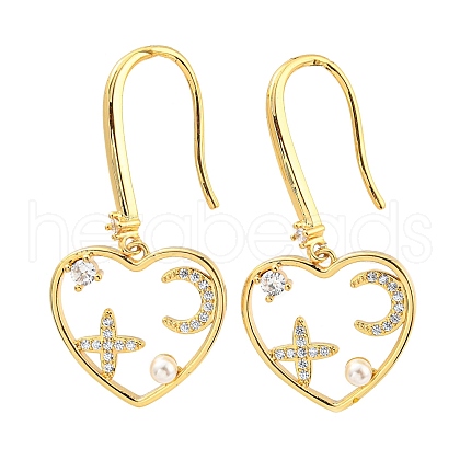 Cubic Zirconia Heart with Star Dangle Earrings with Plastic Pearl Beaded KK-C026-15G-1