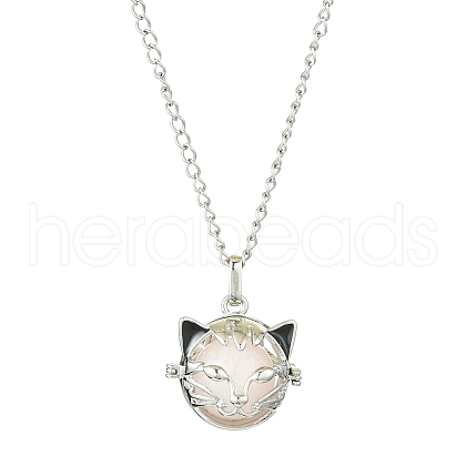 Natural Rose Quartz with Brass Cat Head Pendant Necklaces NJEW-JN04995-1