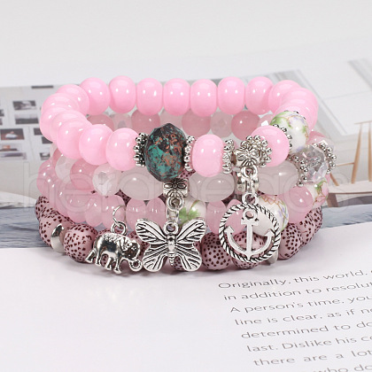4Pcs Bohemian Style Alloy & Glass & Acrylic Charm Bracelets Set WG8E884-08-1