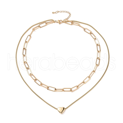 Vacuum Plating 304 Stainless Steel Double Chains Multi Layered Necklace with Heart Beaded for Women STAS-E155-25G-1