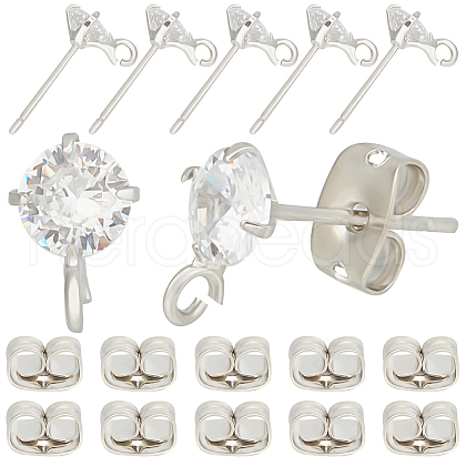 Beebeecraft 12Pcs Diamond Shape Brass Micro Clear Cubic Zirconia Stud Earring Findings KK-BBC0012-75-1
