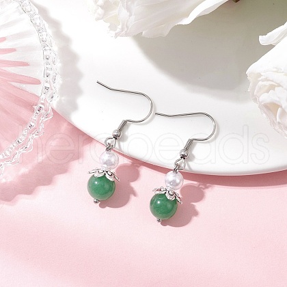 Natural Green Aventurine Round Dangle Earrings EJEW-JE06413-02-1