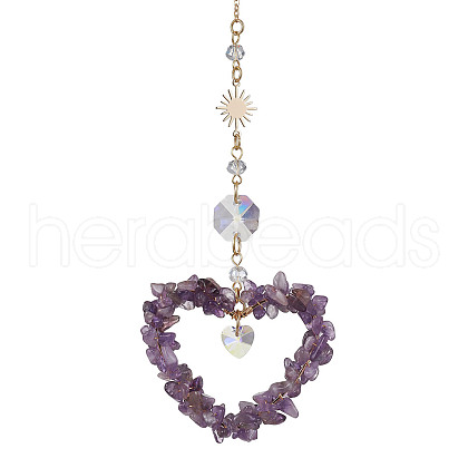 Heart Natural Amethyst Chip Pendant Drcorations HJEW-JM01651-01-1