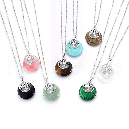 Natural & Synthetic Mixed Gemstone Flat Round Pendants G-I357-A-1