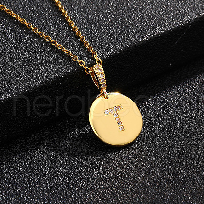 Brass Micro Pave Clear Cubic Zirconia Flat Round with Letter Pendant Necklaces FS-WG00655-20-1