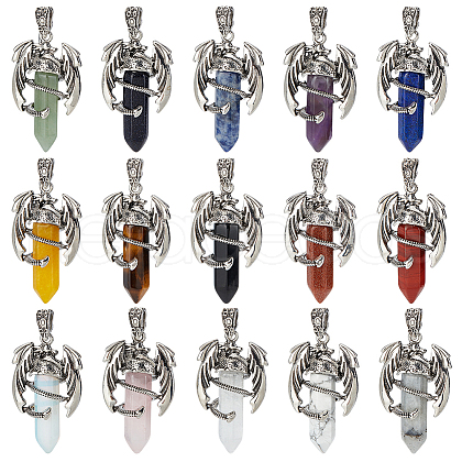 BENECREAT 15Pcs 15 Styles Natural & Synthetic Mixed Gemstone Double Terminal Pointed Pendants G-BC0001-51-1
