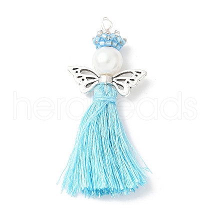 Glass Pearl Round Beaded with Polycotton Tassel Big Pendants PALLOY-MZ00612-02-1