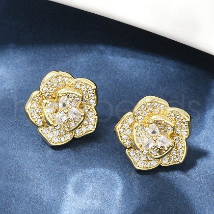 Flower Brass Micro Pave Clear Cubic Zirconia Stud Earrings X-EJEW-M082-19G-1