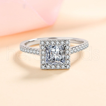Square Rhodium Plated 925 Sterling Silver Pave 5.5mm Cubic Zirconia Finger Rings for Women WG02E28-18-1