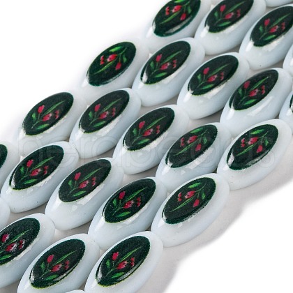 Printing Glass Oval Beads for Necklaces Bracelets Making GLAA-B020-01A-05-1
