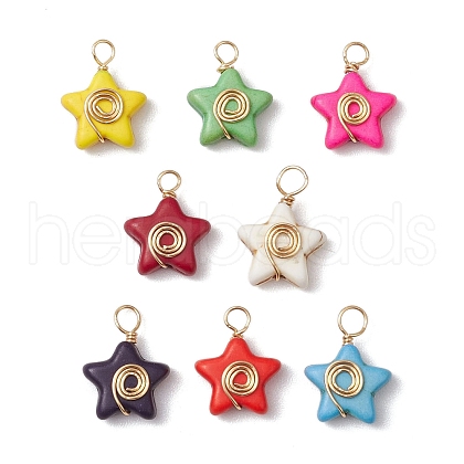 Dyed Synthetic Turquoise Copper Wire Wrapped Vortex Star Pendants PALLOY-JF03587-01-1