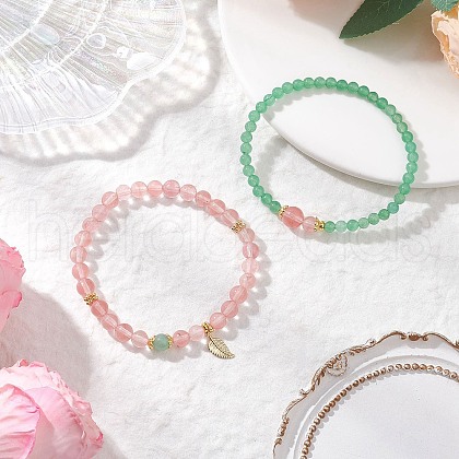 Natural Green Aventurine and Synthetic Cherry Quartz Glass Stretch Bracelets BJEW-JB11961-1