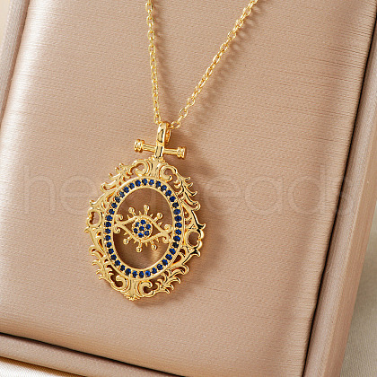 Bohemian Brass Pave Blue Cubic Zirconia Eye Pendant Necklaces NX3734-1-1
