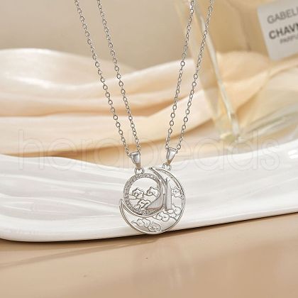 2Pcs Brass Pave Clear Zirconia Magnetic Couple Sun Moon Cloud Pendant Necklaces WG8E766-12-1