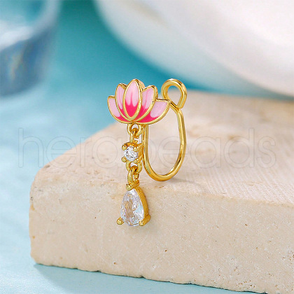 Clear Cubic Zirconia with Enamel Pink Lotus Flower Clip on Nose Rings FS-WG6F390-01-1