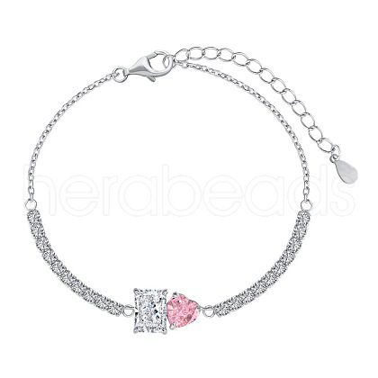 Rectangle & Heart Rhodium Plated 925 Sterling Silver Link Bracelets for Women BJEW-F484-02P-1