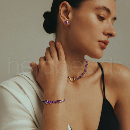 Naturl Amethyst Chip with 304 Stainless Steel Beaded Necklace & Braided Bead Bracelet & Star Stud Earring FS-WG0BBF5-01-1