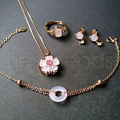 Brass & Glass Imitation Rose Quartz Jewelry Set SJEW-BB66873-E-1