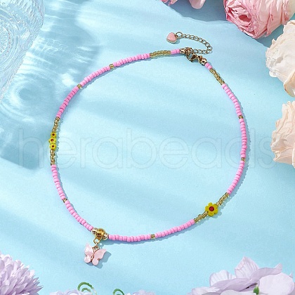 Glass Seed Beads & Flower Handmade Lampwork Beaded Necklaces NJEW-MZ00065-01-1