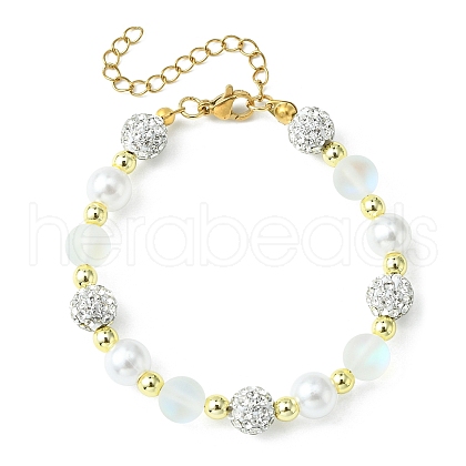 Synthetic Moonstone & Hematite & Plastic Pearl Round Beaded Bracelet BJEW-JB09560-1