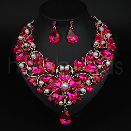 Teardrop Alloy Rhinestone Pendant Necklaces & Stud Earrings Sets for Women WG498A8-02-1