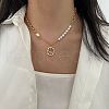 Brass Pave Clear Cubic Zirconia Oval with Flower Pendant Natural Freshwater Pearl Beaded Necklaces for Women FS-WG76AA2-01-2