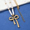 304 Stainless Steel Pave Blue Cubic Zirconia Bowknot Pendant Plastic Imitation Pearl Beaded Necklaces for Women NJEW-U048-01G-1