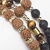 3Pcs 3 Style Natural Rudraksha & Tiger Eye & Lava Rock Beaded Stretch Bracelets Set BJEW-JB09024-5