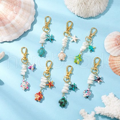 7Pcs Starfish & Sea Turtle Synthetic Turquoise & Natural White Mother of Pearl Shell Chip Pendant Decorations HJEW-JM03168-1
