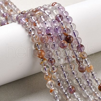 Natural Round Purple Lodolite Quartz/Purple Phantom Quartz Beads Strands G-R011-A01-01-1