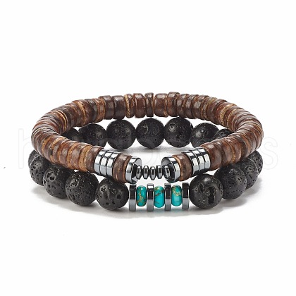 2Pcs 2 Style Natural Coconut & Gemstone Stretch Bracelets Set BJEW-JB07938-1