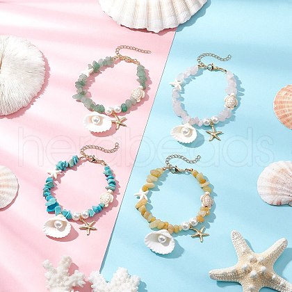 4Pcs Natural Topaz Jade & Green Aventurine & Rose Quartz & Synthetic Turquoise Chip Beads Charm Bracelets BJEW-TA00640-1
