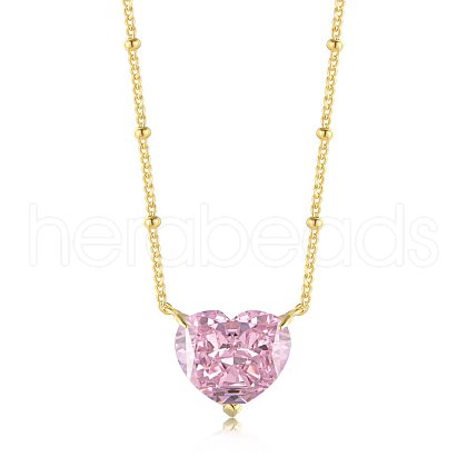 Heart 925 Sterling Silver Pave 8A Pink Cubic Zirconia Pendant Satellite Chain Necklaces for Women NJEW-F330-01G-1